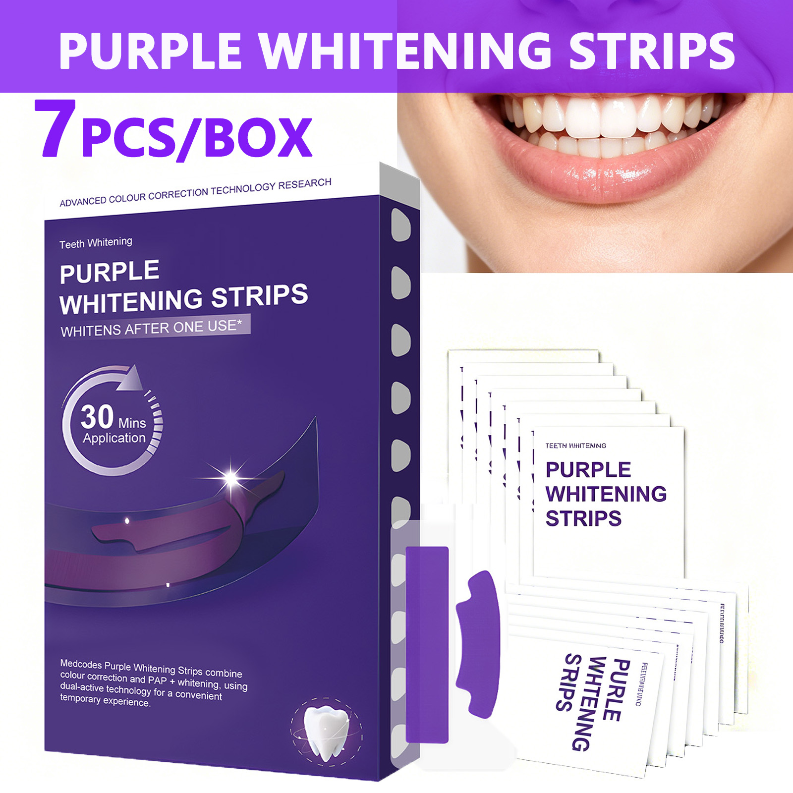 Teeth Whitening Quick - パープル歯のホワイトニングストリップ – 30分で素早く汚れを除去し、歯を明るくし、歯垢を除去し、知覚過敏を軽減します、歯科口腔ケア