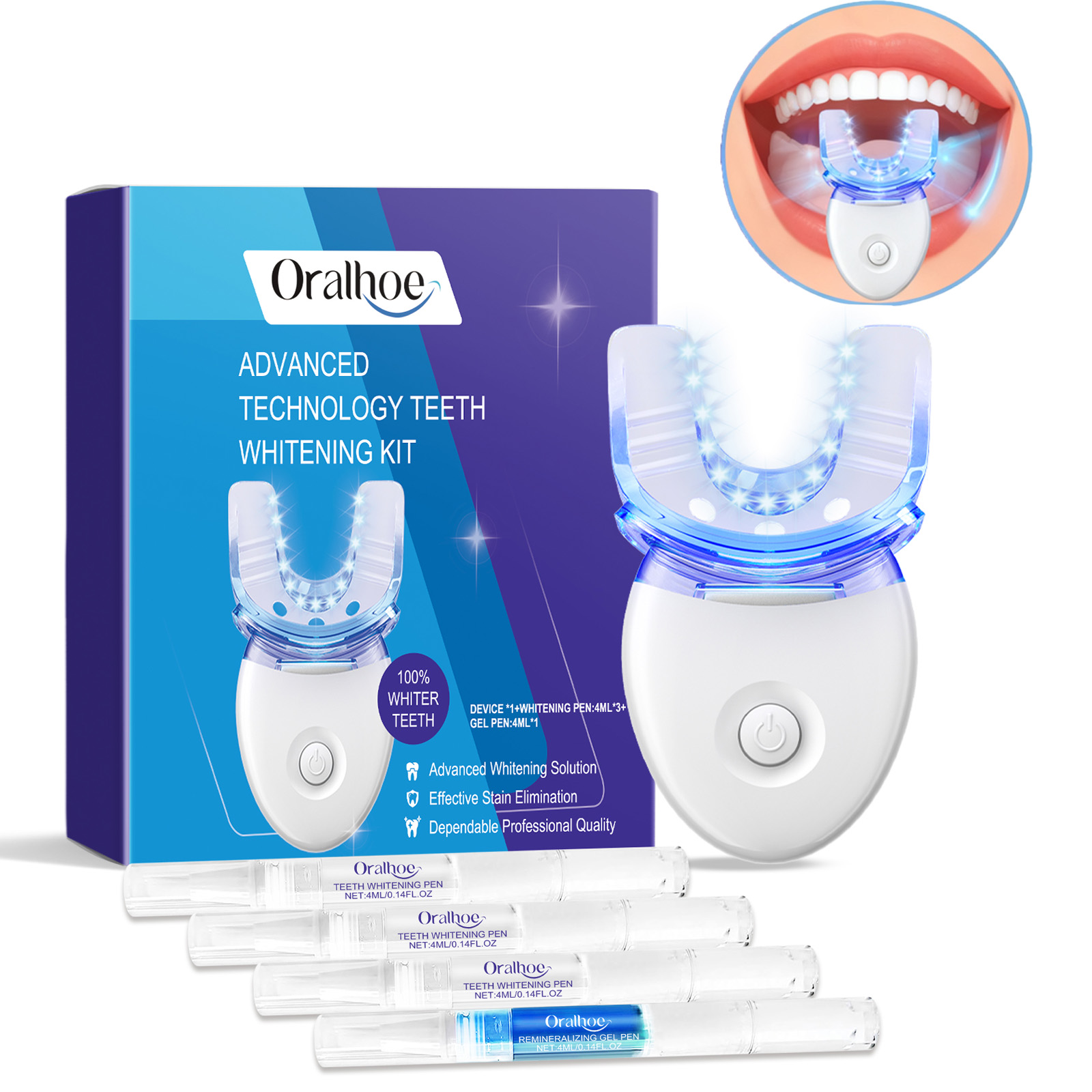 Teeth Whitening Kit With Light - プロフェッショナルな歯のホワイトニングLEDライトキット、4倍のホワイトニングジェル、加速ホワイトニングシステム、白い笑顔のためのブルーライトツール